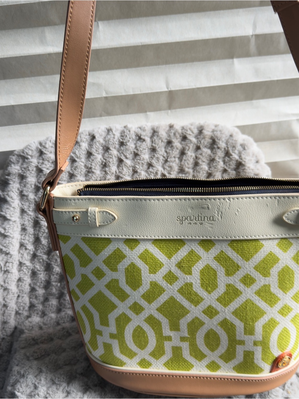 Spartina 449 Lime and Cream Geometric Canvas Crossbody with Tan Strap